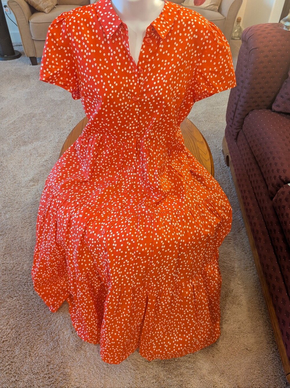 Red And White 100% Cotton Dotted Button Down Midi Dress, Size 8